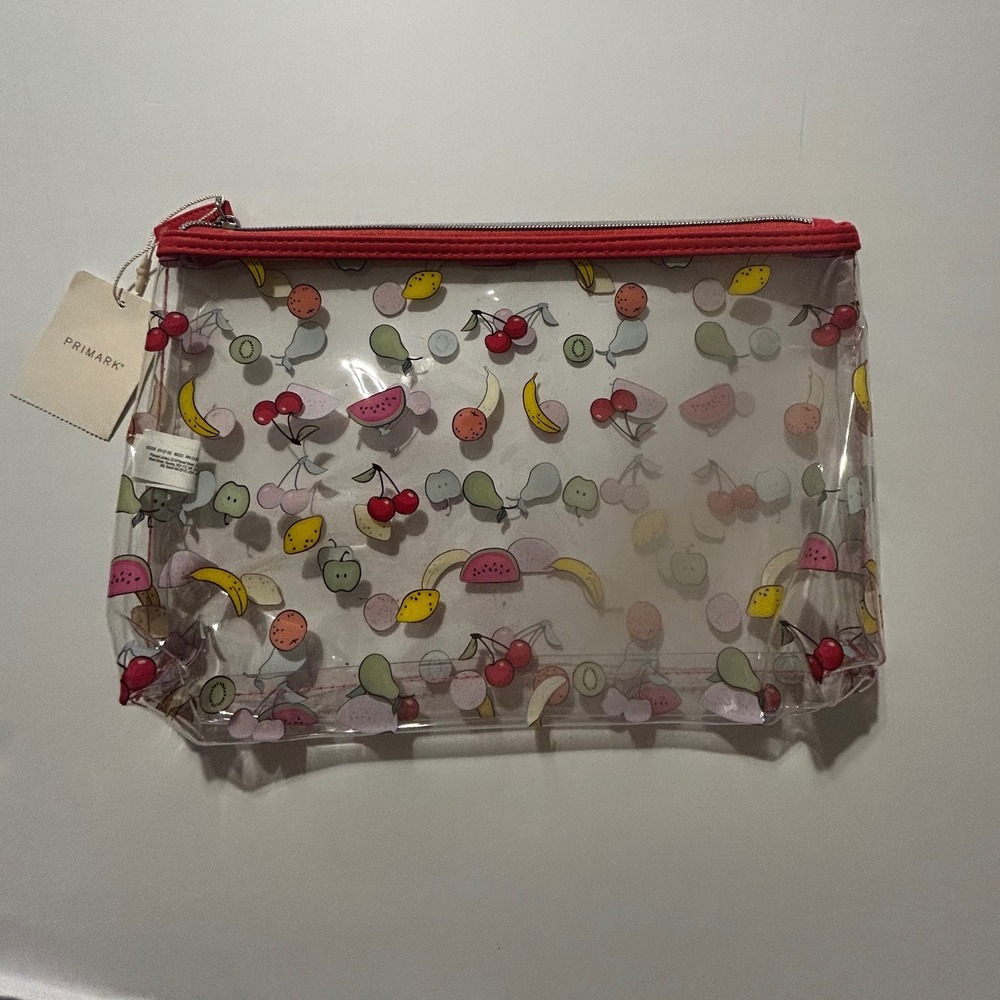Primark Clear Fruit Print Makeup Bag Red Zipper Travel Cosmetic Pouch NEW